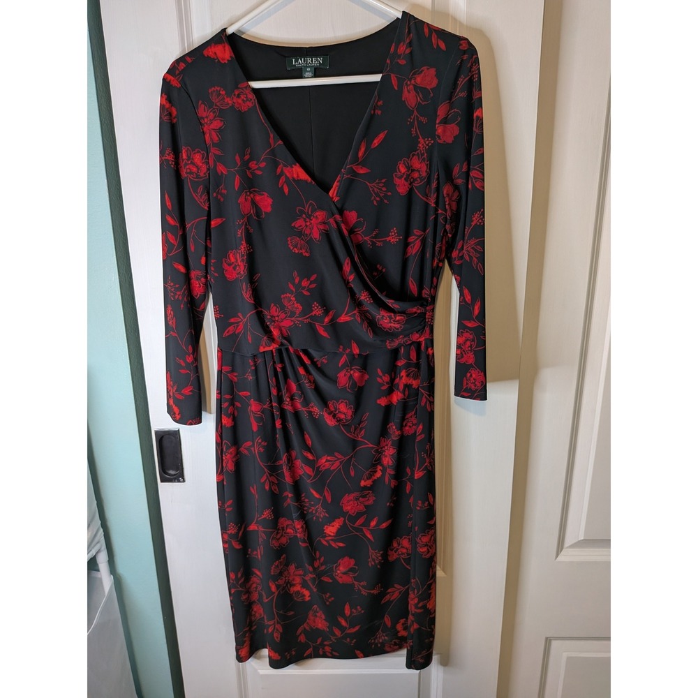 Lauren Ralph Lauren Black Red Floral Faux Wrap Sheath Dress 10